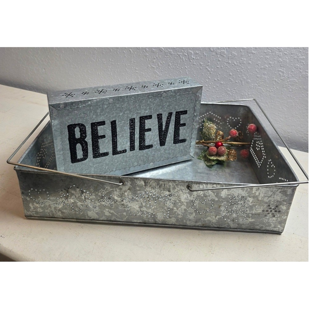 Holiday Believe Galvanized Metal Light Box Snowflake Punched‎ Sign & Tray